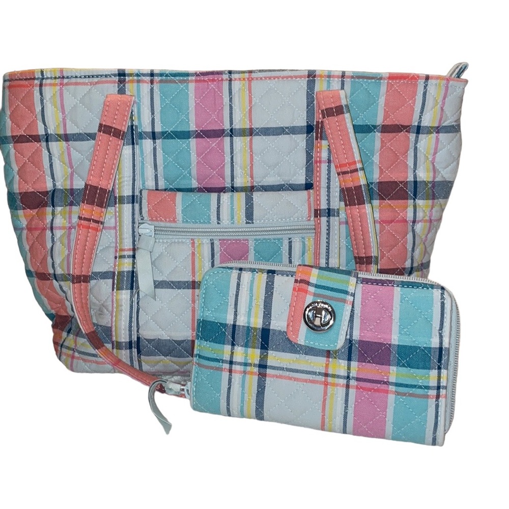 VERA BRADLEY Recycled Cotton Quilted Pastel Plaid Tote Handbag and‎ Wallet